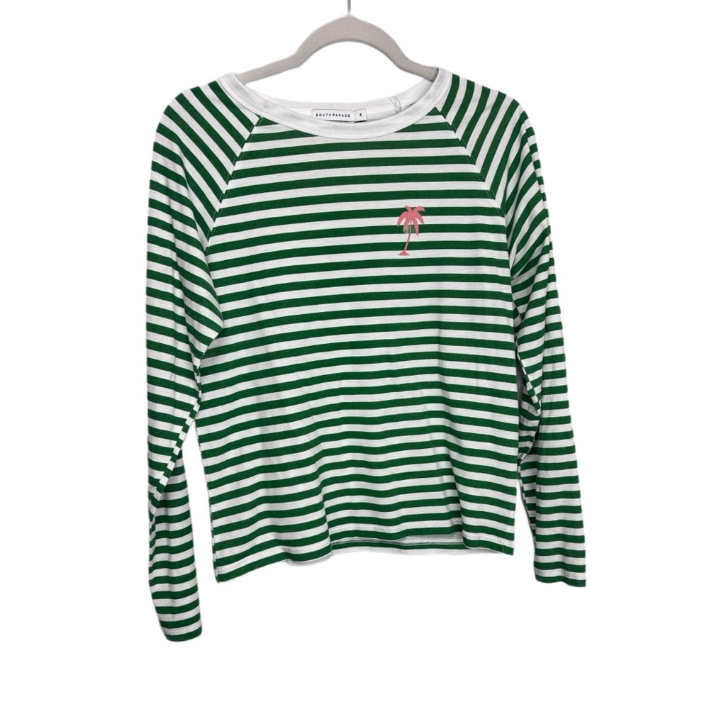 Evereve South Parade Green and White with Pink Palm Tree Striped Shirt